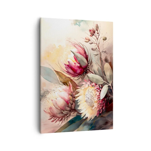 Obraz na płótnie - Delikatne kwiaty protei w pastelowych barwach - 50x70cm - Z profilu i en face - Nowoczesna dekoracja ścienna do salonu, kuchni i sypialni ARTTOR