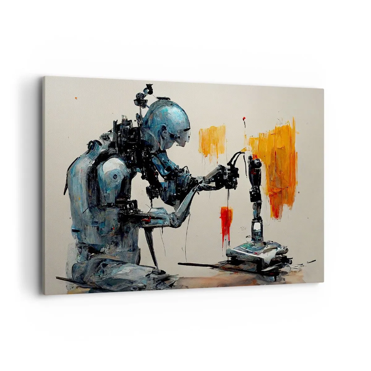 Obraz na płótnie - Robot przy pracy z abstrakcyjnym tłem - 100x70cm - Już jutro… - Nowoczesna dekoracja ścienna do salonu, kuchni i sypialni ARTTOR