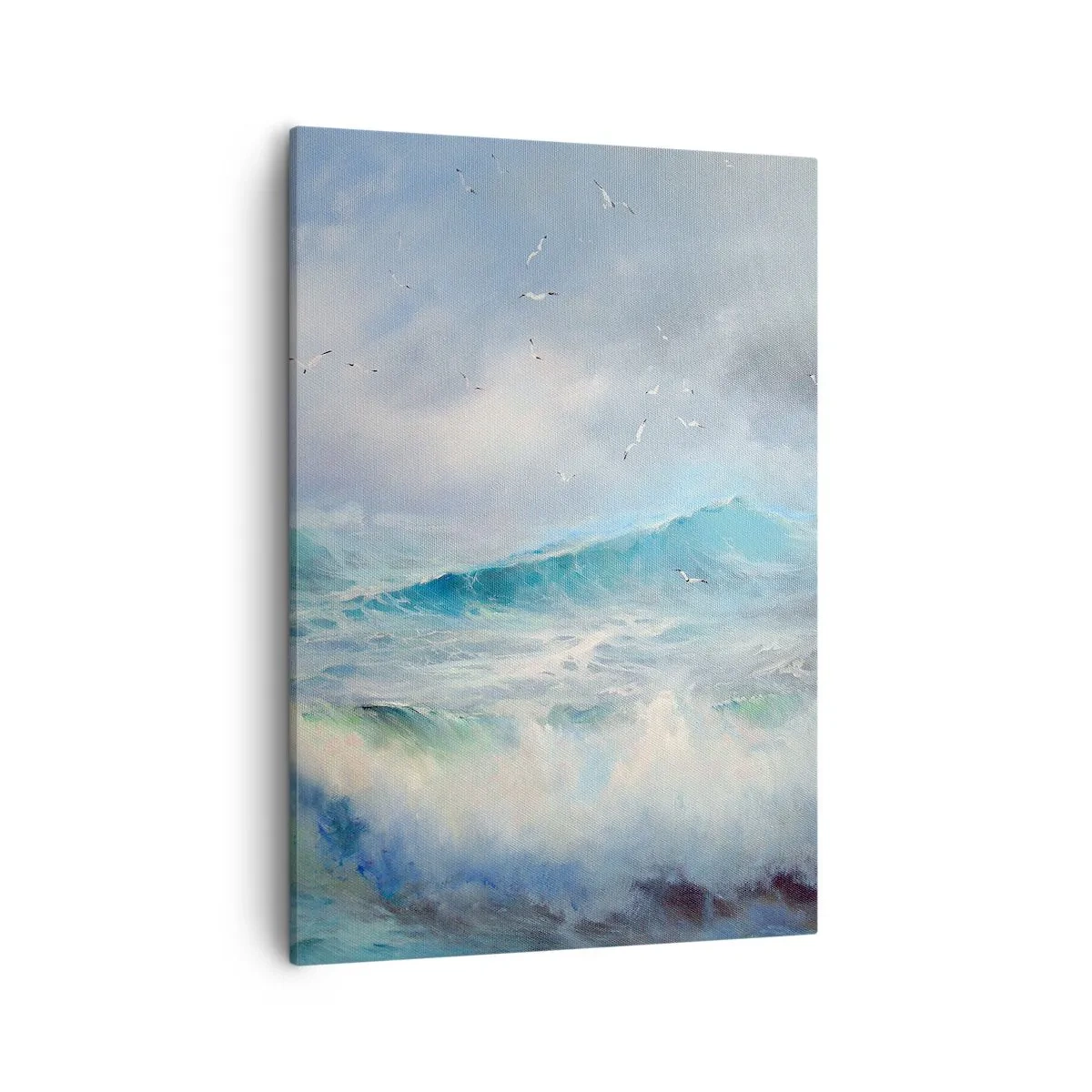 Obraz na płótnie - Wzburzone fale oceanu z mewami na tle nieba - 50x70cm - "Wicher z tryumfem zawył…' - Nowoczesna dekoracja ścienna do salonu, kuchni i sypialni ARTTOR