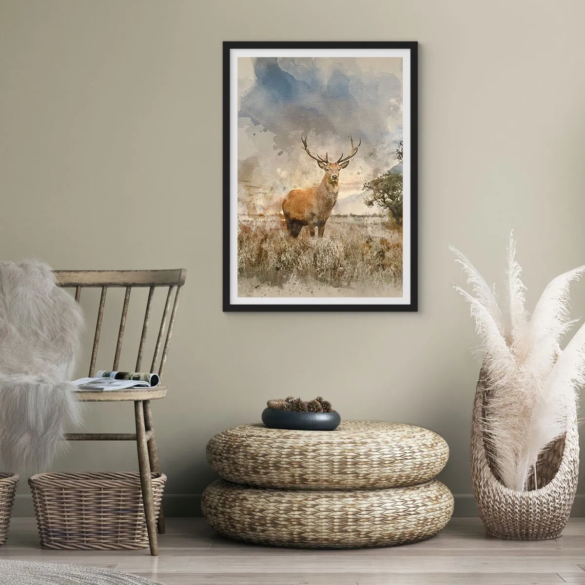Plakat w czarnej ramie - Jeleń na tle natury w malarskim stylu - 50x70cm - Godność - siła - dostojeństwo - Nowoczesna dekoracja ścienna do salonu i sypialni ARTTOR