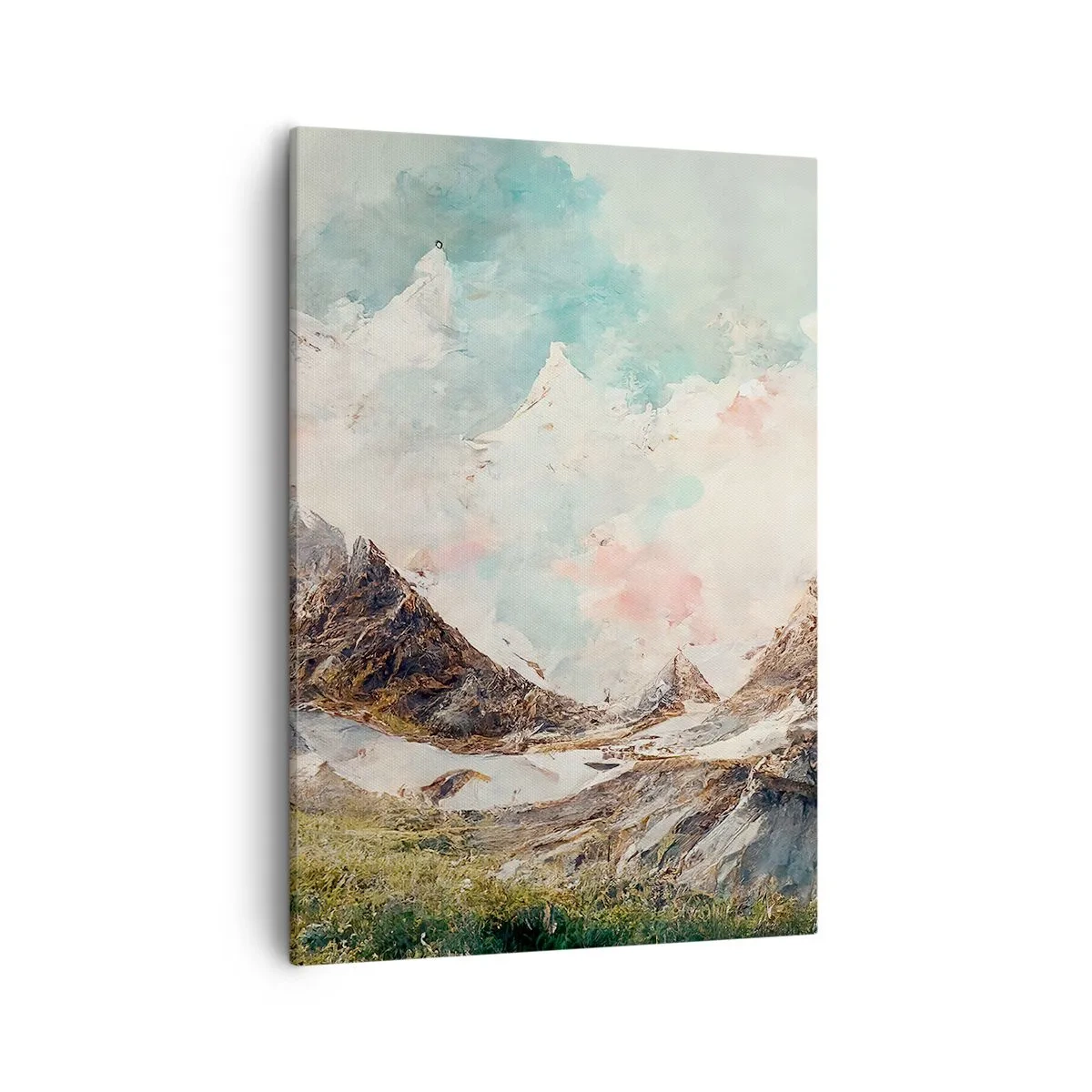 Obraz na płótnie - Delikatny pejzaż górski z odbiciem w jeziorze i pastelowym niebem - 50x70cm - Skalne ostrza - Nowoczesna dekoracja ścienna do salonu, kuchni i sypialni ARTTOR