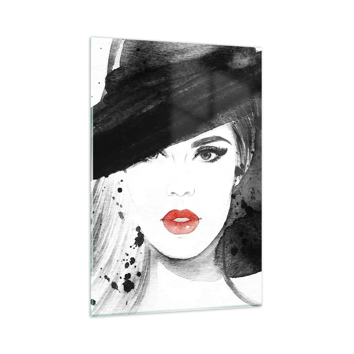 Obraz na szkle - Portret kobiety w kapeluszu z czerwonymi ustami - 80x120cm - Dama w czerni - Nowoczesna dekoracja ścienna do salonu i sypialni ARTTOR