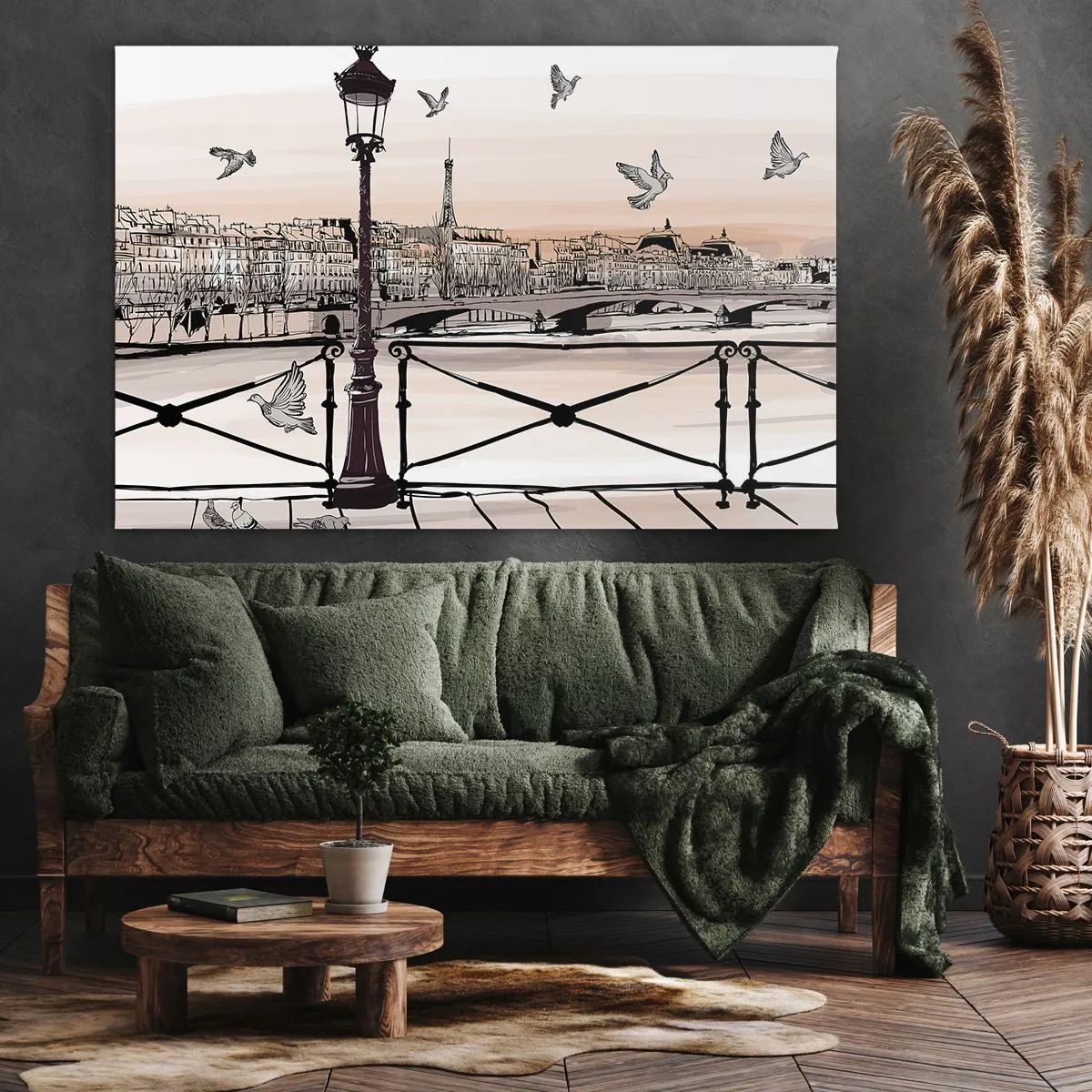 Obraz na płótnie - Paryski widok z latarnią i mostem - 70x50cm - Nad dachami Paryża - Nowoczesna dekoracja ścienna do salonu i sypialni ARTTOR
