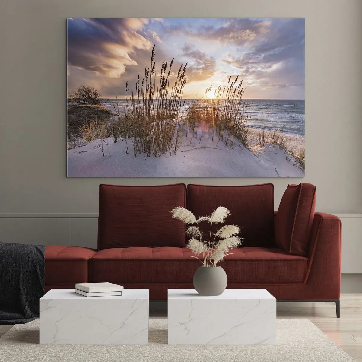Obraz na szkle - Zachód słońca nad morzem widziany przez nadmorskie trawy - 70x50cm - Pożegnanie słońca i wiatru - Nowoczesna dekoracja ścienna do salonu i sypialni ARTTOR