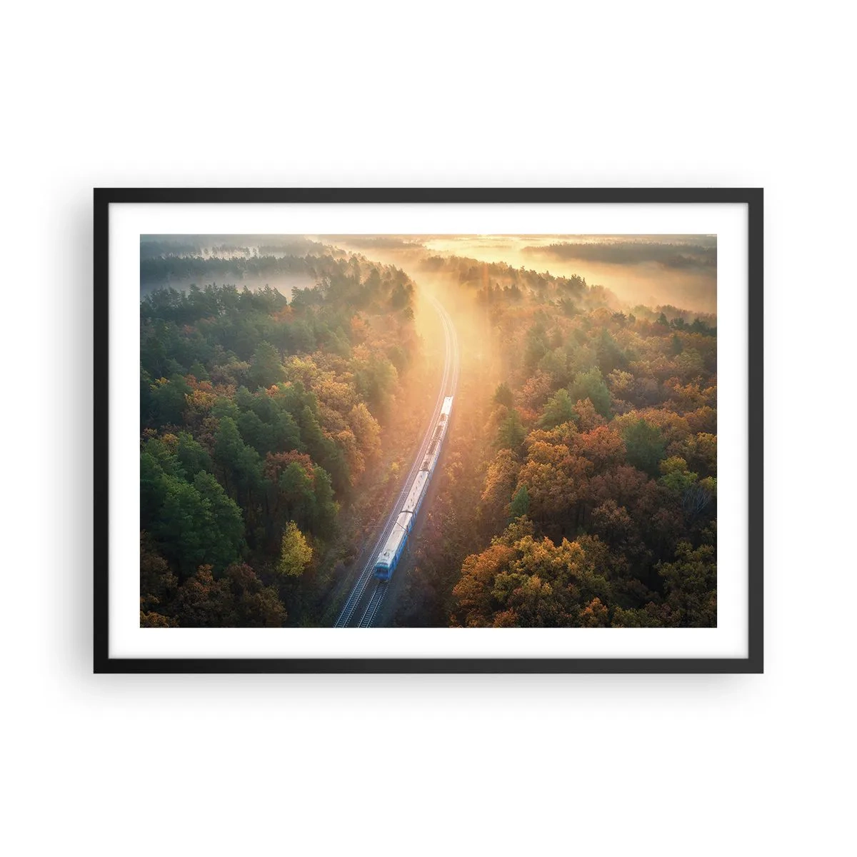 Plakat w czarnej ramie - Pociąg w jesiennym lesie o świcie - 70x50cm - Jesienna podróż - Nowoczesna dekoracja ścienna do salonu i sypialni ARTTOR