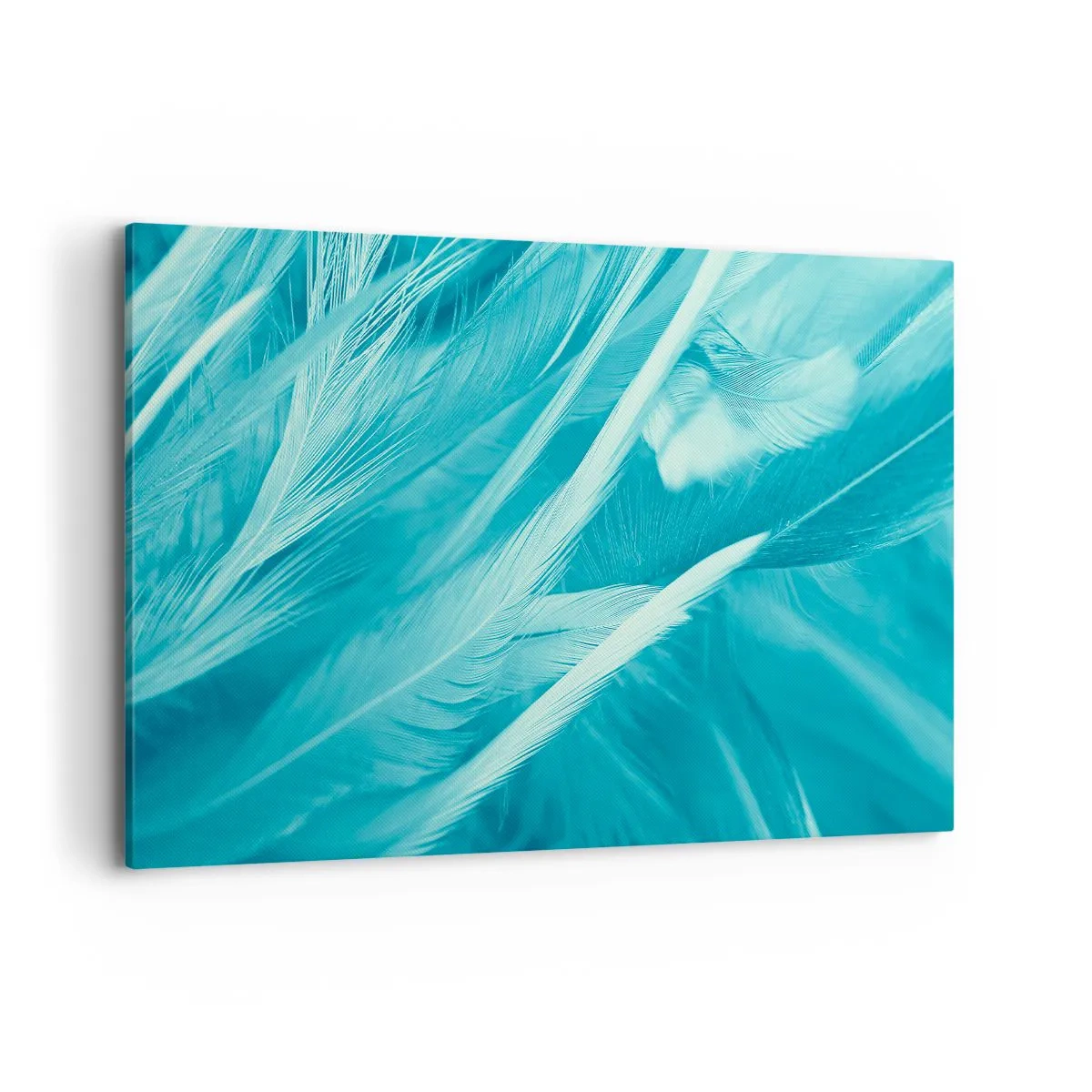 Obraz na płótnie - Delikatne turkusowe pióra w zbliżeniu - 120x80cm - Utonąć w puchu - Nowoczesna dekoracja ścienna do salonu, kuchni i sypialni ARTTOR