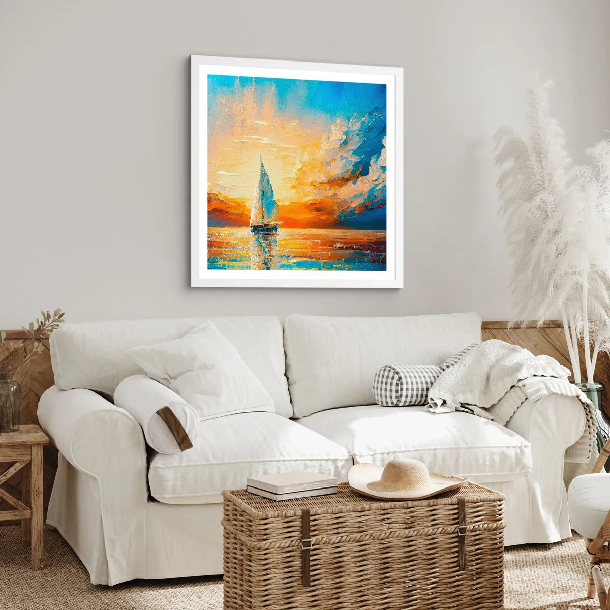 Plakat w białej ramie - Żegluga w złocie - 60x60 cm