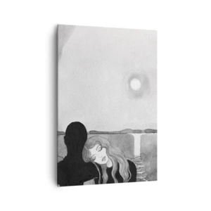 Obraz na płótnie - Sylwetka kobiety opierającej głowę na ramieniu postaci w cieniu na tle księżyca i wodospadu - 70x100cm - Zawsze tajemnica - Nowoczesna dekoracja ścienna do salonu i sypialni ARTTOR