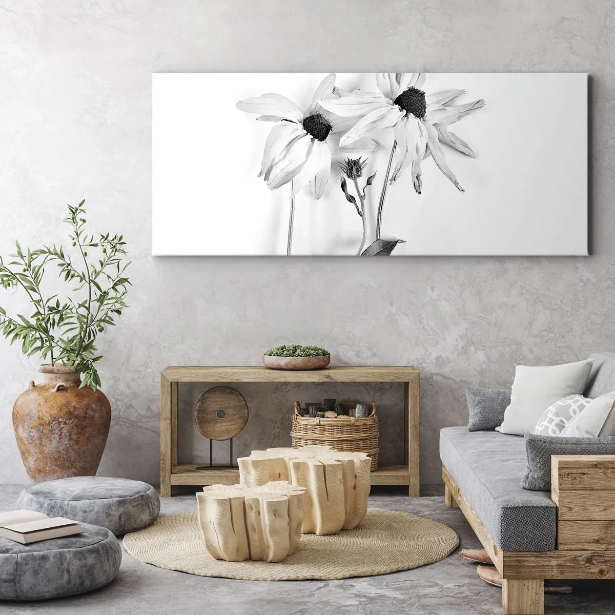 Obraz na płótnie - Czarno-białe kwiaty o subtelnej kompozycji - 160x50cm - Nikt nie chce być sam - Nowoczesna dekoracja ścienna do salonu i sypialni ARTTOR