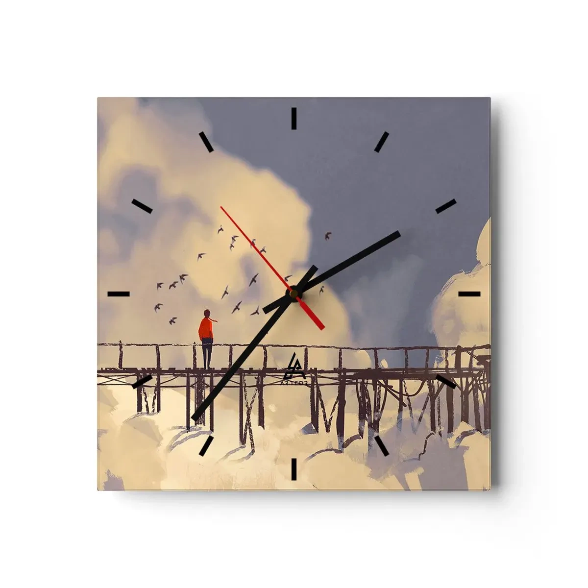 Zegar ścienny - Postać na moście wśród chmur z ptakami na tle nieba - 30x30cm - Niebieska tęsknota - Nowoczesna dekoracja ścienna do salonu i sypialni ARTTOR