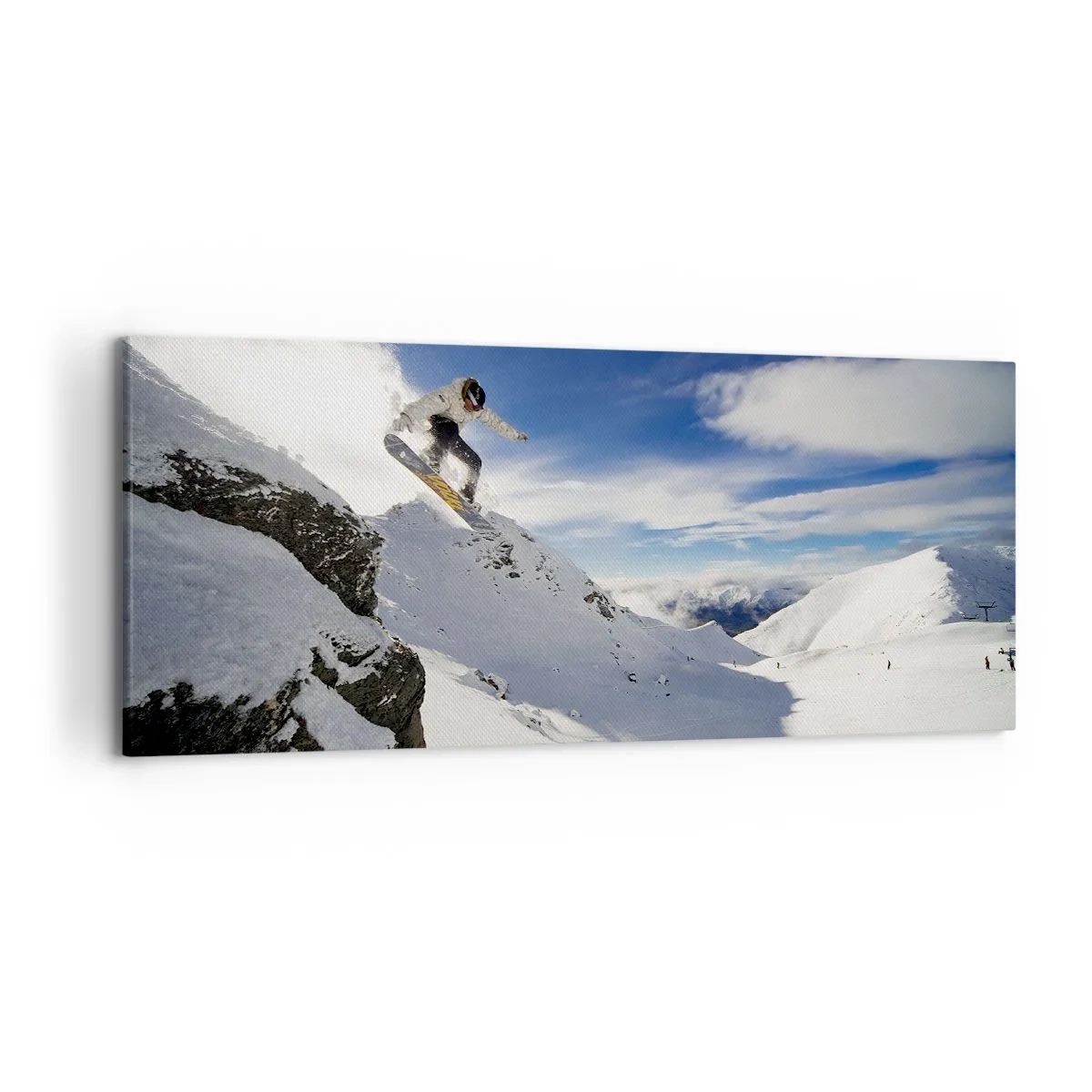 Obraz na płótnie - Snowboardzista skaczący z urwiska na tle ośnieżonych gór - 120x50cm - Wolność bez granic - Nowoczesna dekoracja ścienna do salonu i sypialni ARTTOR