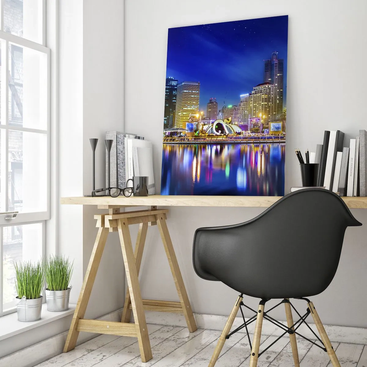 Obraz na szkle - Panorama miasta nocą z odbiciem świateł w wodzie - 50x70cm - Tęczowa noc metropolii - Nowoczesna dekoracja ścienna do salonu, kuchni i sypialni ARTTOR