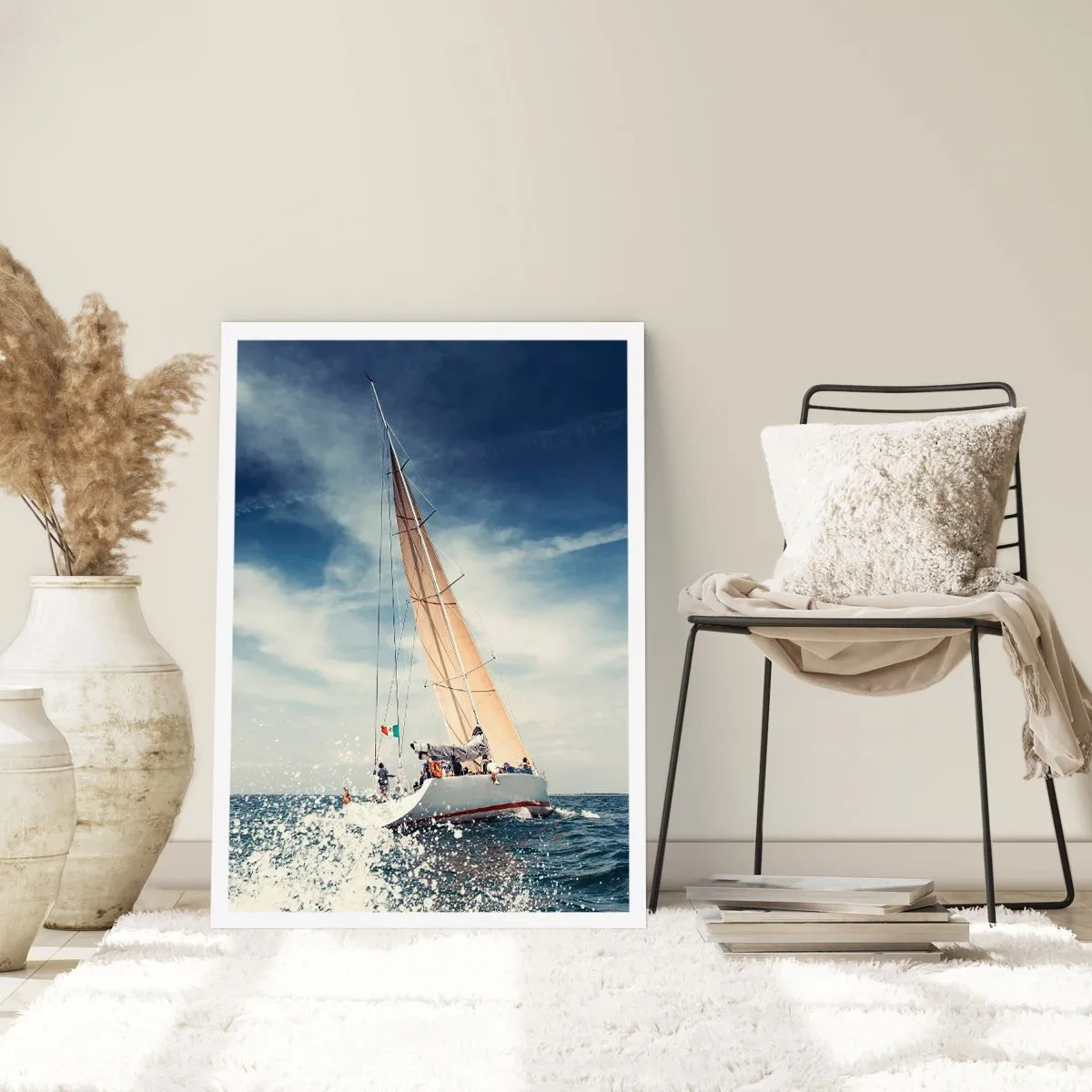 Plakat - Żaglówka na pełnym morzu pod błękitnym niebem - 50x70cm - Nas nie dogonią! - Nowoczesna dekoracja ścienna do salonu, kuchni i sypialni ARTTOR