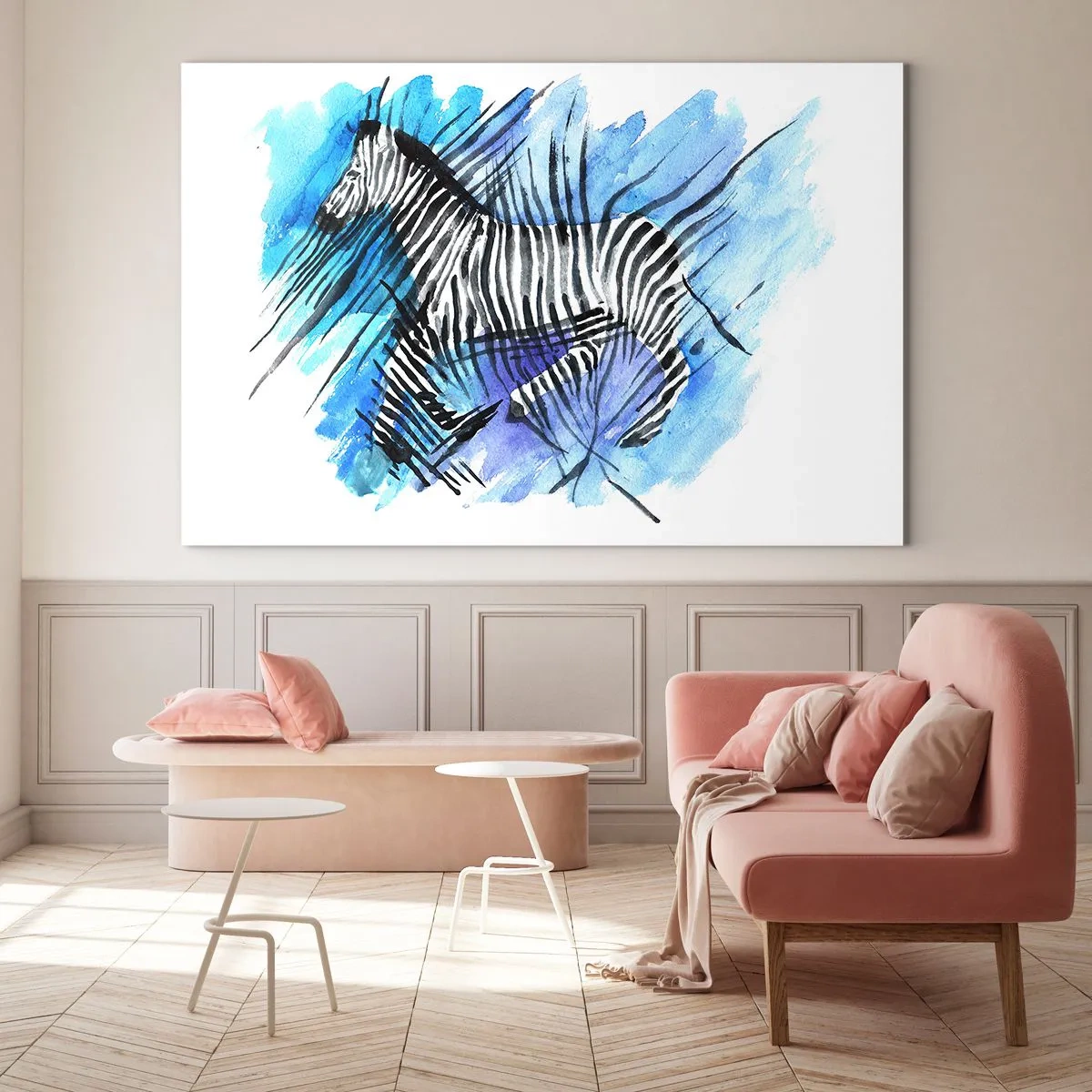 Obraz na szkle - Zebra w artystycznej akwarelowej kompozycji na tle błękitu - 100x70cm - Ukryta w paskach - Nowoczesna dekoracja ścienna do salonu, kuchni i sypialni ARTTOR