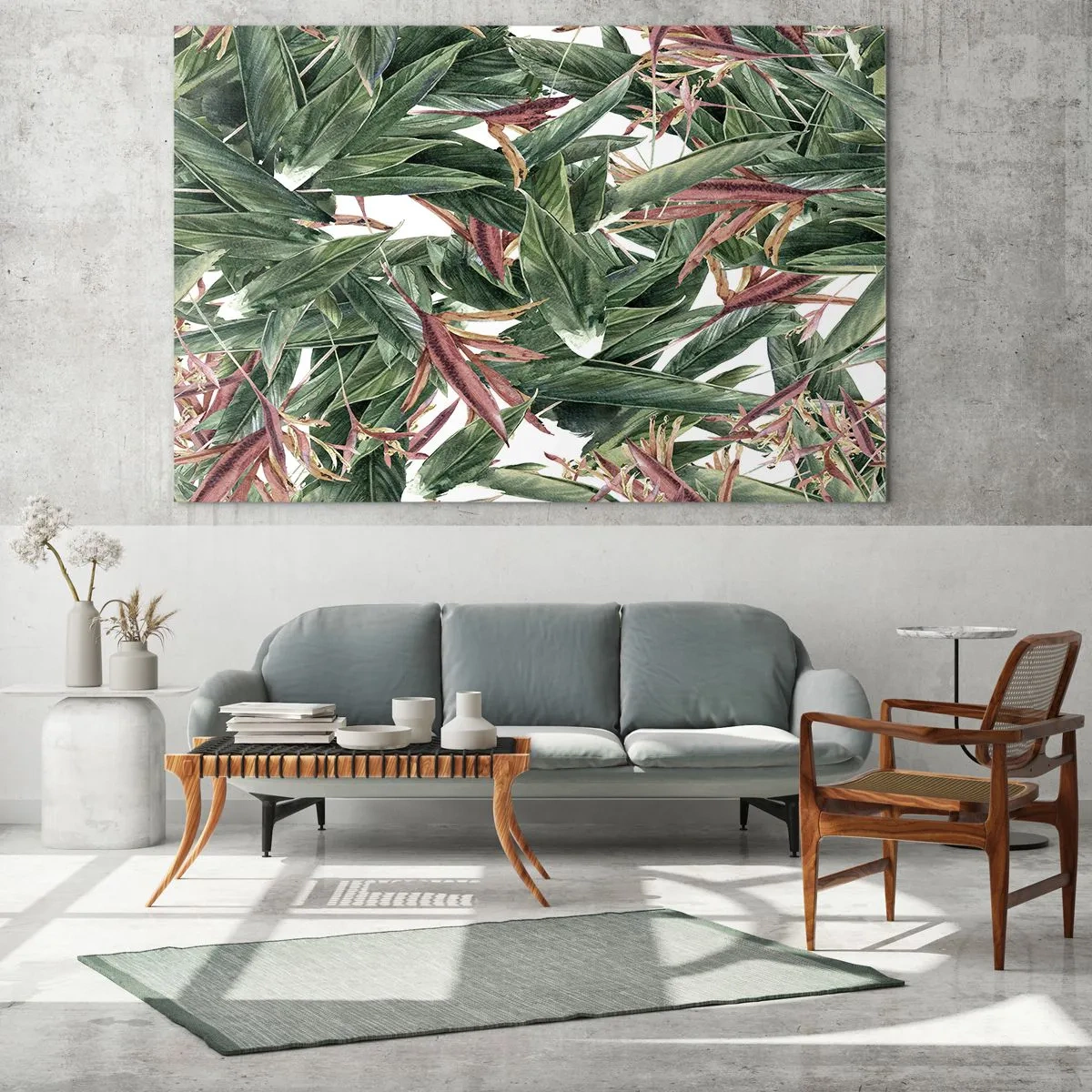 Obraz na szkle - Liście w zielonych i bordowych odcieniach na jasnym tle - 70x50cm - Szmaragdowo-liliowy gąszcz - Nowoczesna dekoracja ścienna do salonu i sypialni ARTTOR