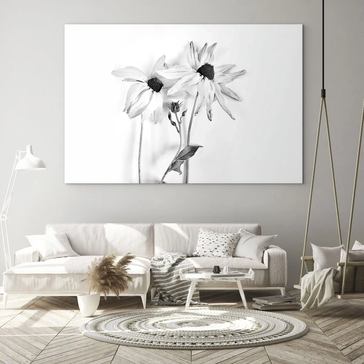 Obraz na szkle - Czarno-białe kwiaty w minimalistycznym stylu - 70x50cm - Nikt nie chce być sam - Nowoczesna dekoracja ścienna do salonu i sypialni ARTTOR