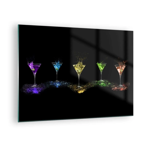 Obraz na szkle - Kolorowe drinki w kieliszkach na czarnym tle - 70x50cm - Kolory radości w kryształowym szkle - Nowoczesna dekoracja ścienna do salonu i sypialni ARTTOR