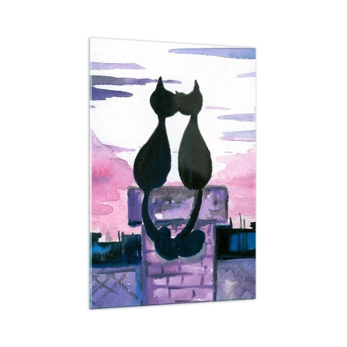 Obraz na szkle - Czarne koty na dachu w świetle księżyca w akwarelowej scenerii - 70x100cm - Rendez-vous pod księżycem - Nowoczesna dekoracja ścienna do salonu i sypialni ARTTOR