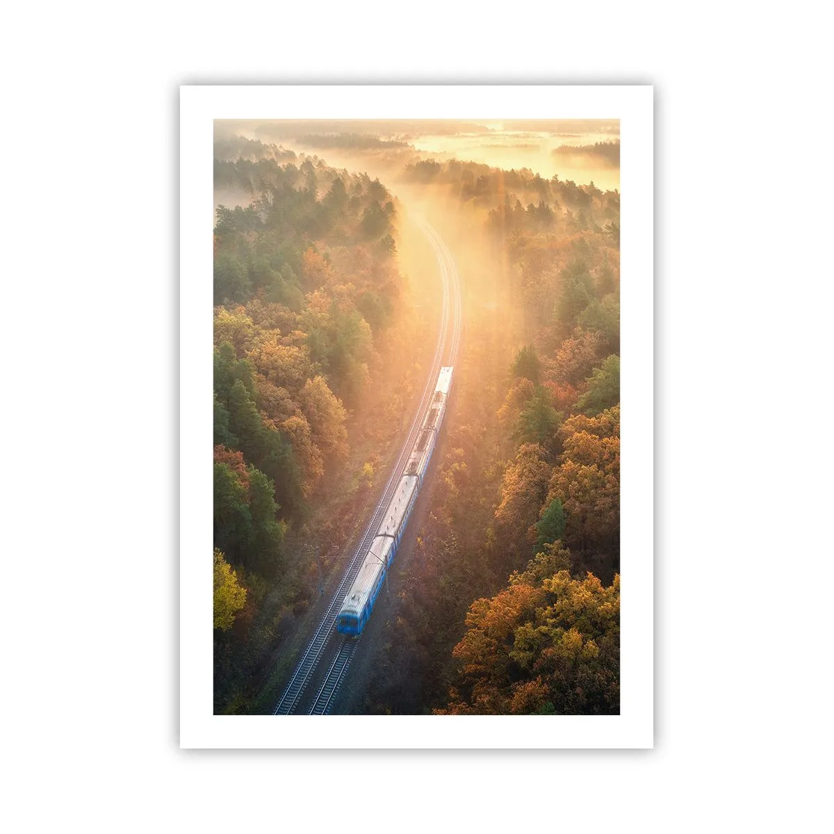 Plakat - Pociąg przemierzający jesienny las w promieniach wschodzącego słońca - 50x70cm - Jesienna podróż - Nowoczesna dekoracja ścienna do salonu, kuchni i sypialni ARTTOR
