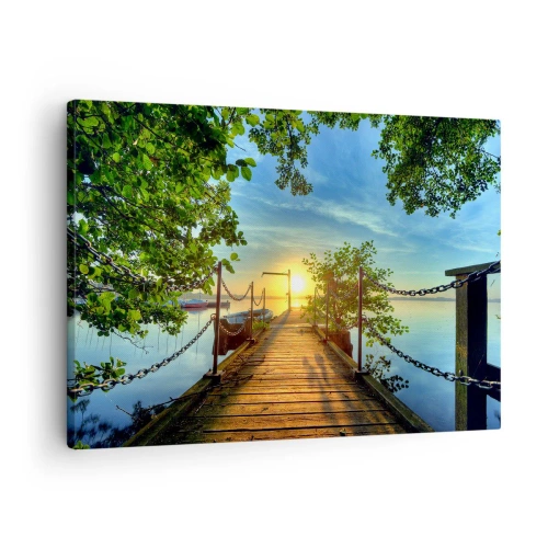 Obraz na płótnie - Pomost nad jeziorem w promieniach zachodu słońca - 70x50cm - Zachód nad wodą - Nowoczesna dekoracja ścienna do salonu i sypialni ARTTOR