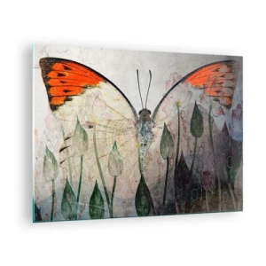 Obraz na szkle - Artystyczny motyl w otoczeniu delikatnych kwiatów na szarym tle - 70x50cm - "Kędy się motyl kołysa na trawie" - Nowoczesna dekoracja ścienna do salonu i sypialni ARTTOR