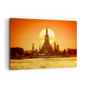 Obraz na płótnie - Zachód słońca nad świątynią z odbiciem w wodzie - 120x80cm - Ku słońcu, zawsze ku słońcu - Nowoczesna dekoracja ścienna do salonu, kuchni i sypialni ARTTOR