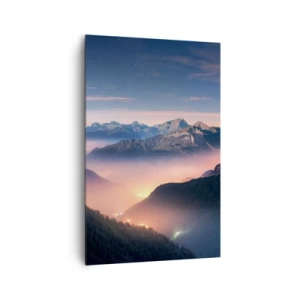 Obraz na płótnie - Górski krajobraz z doliną wypełnioną mgłą - 80x120cm - Światło w dolinach - Nowoczesna dekoracja ścienna do salonu i sypialni ARTTOR