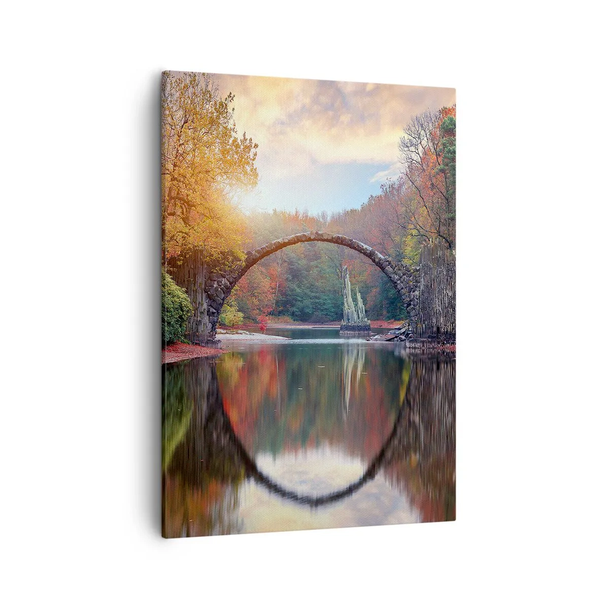 Obraz na płótnie - Kamienny most w kształcie koła odbijający się w jeziorze w jesiennej scenerii - 50x70cm - Po drugiej stronie lustra - Nowoczesna dekoracja ścienna do salonu, kuchni i sypialni ARTTOR