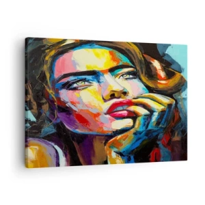 Obraz na płótnie - Kolorowy portret kobiety w stylu ekspresjonistycznym - 70x50cm - Marzenia jak ptaki szybują po niebie - Nowoczesna dekoracja ścienna do salonu i sypialni ARTTOR