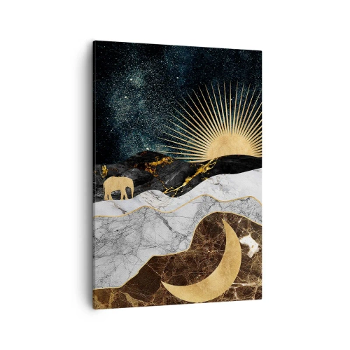 Obraz na płótnie - Złoty księżyc, słońce i słonie na tle marmurowych gór i nocnego nieba - 50x70cm - Odwieczne prawa - Nowoczesna dekoracja ścienna do salonu, kuchni i sypialni ARTTOR