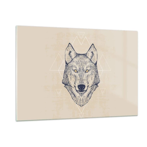 Obraz na szkle - Głowa wilka na tle geometrycznych wzorów - 120x80cm - Alfa o przenikliwym spojrzeniu - Nowoczesna dekoracja ścienna do salonu, kuchni i sypialni ARTTOR
