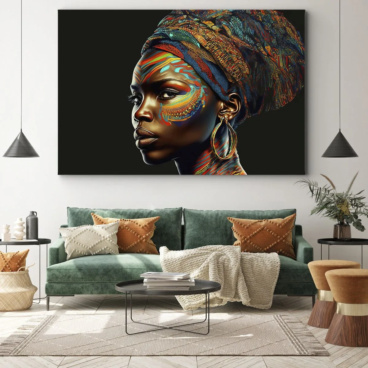 Obraz na płótnie - Portret kobiety z kolorowym wzorem i turbanem - 70x50cm - Afrykańska królowa - Nowoczesna dekoracja ścienna do salonu i sypialni ARTTOR