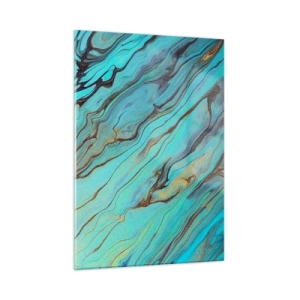 Obraz na szkle - Abstrakcyjne smugi w turkusowej i złotej kolorystyce - 50x70cm - Turkusowy przypływ - Nowoczesna dekoracja ścienna do salonu, kuchni i sypialni ARTTOR