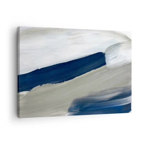 Obraz na płótnie - Abstrakcyjne pociągnięcia pędzla w odcieniach niebieskiego i szarości - 70x50cm - Spotkanie z bielą - Nowoczesna dekoracja ścienna do salonu i sypialni ARTTOR