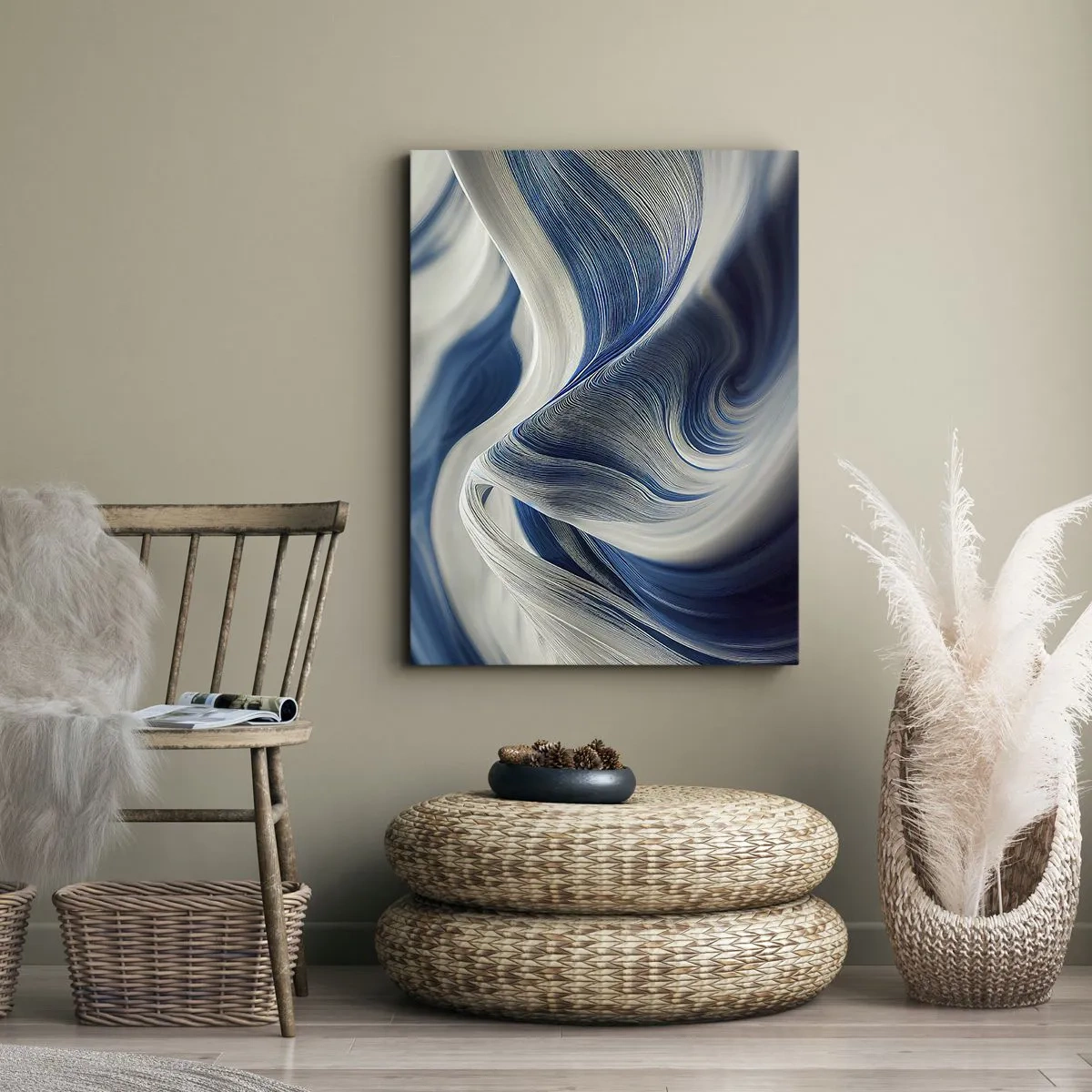 Obraz na płótnie - Abstrakcyjne fale w odcieniach błękitu i bieli - 50x70cm - Płynność błękitu i bieli - Nowoczesna dekoracja ścienna do salonu, kuchni i sypialni ARTTOR