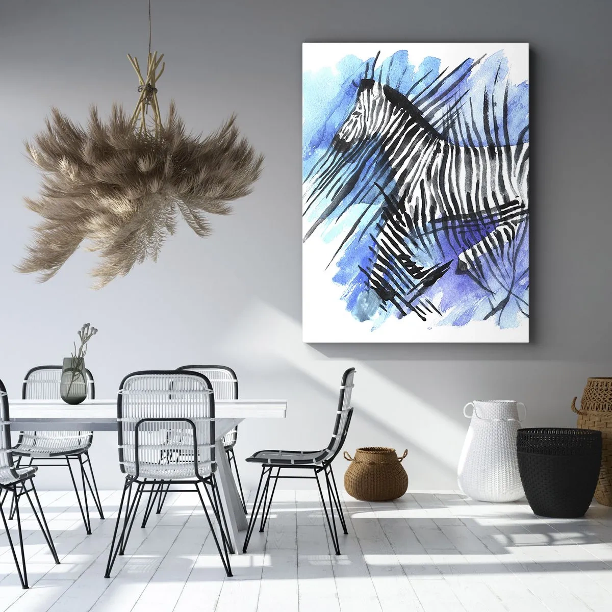 Obraz na płótnie - Abstrakcyjna zebra w odcieniach czerni, bieli i niebieskiego, malowana akwarelą - 50x70cm - Ukryta w paskach - Nowoczesna dekoracja ścienna do salonu, kuchni i sypialni ARTTOR