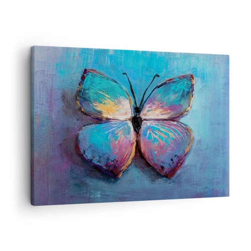 Obraz na płótnie - Kolorowy motyl na niebieskim tle - 70x50cm - W pełnej krasie - Nowoczesna dekoracja ścienna do salonu i sypialni ARTTOR