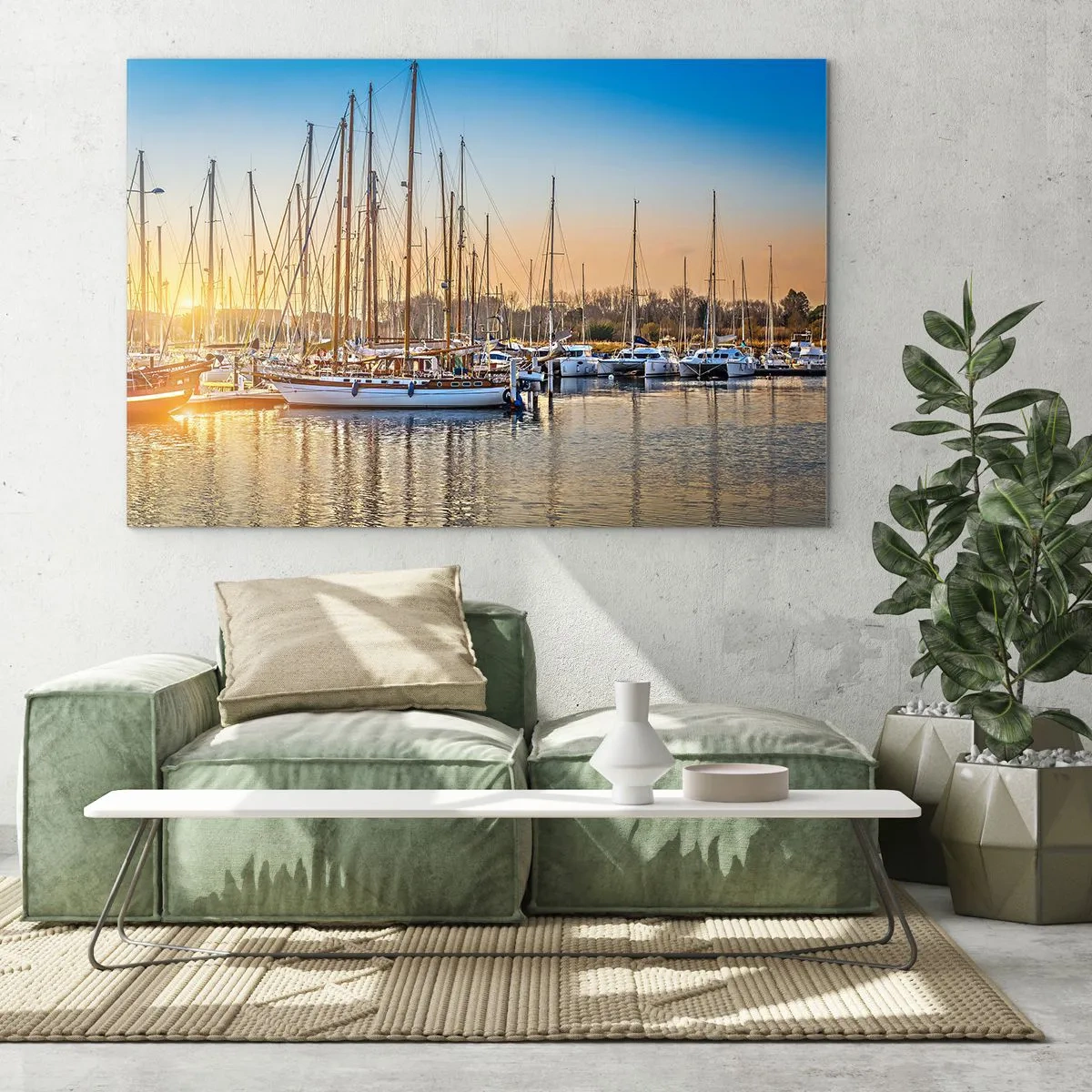Obraz na szkle - Marina pełna żaglówek w świetle zachodzącego słońca - 100x70cm - Wiatr też musi spać - Nowoczesna dekoracja ścienna do salonu, kuchni i sypialni ARTTOR
