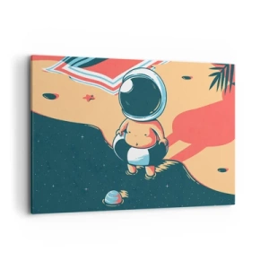 Obraz na płótnie - Zabawny astronauta na plaży z kosmicznymi elementami w tle - 120x80cm - Z innej perspektywy - Nowoczesna dekoracja ścienna do salonu, kuchni i sypialni ARTTOR