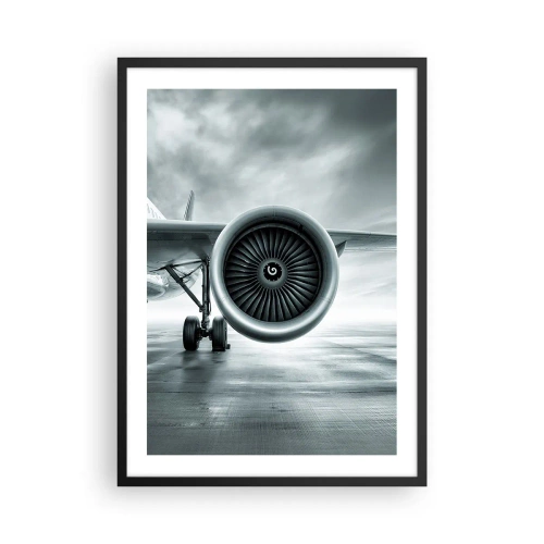 Plakat w czarnej ramie - Silnik odrzutowy samolotu w monochromatycznej tonacji - 50x70cm - Jest moc! - Nowoczesna dekoracja ścienna do salonu i sypialni ARTTOR