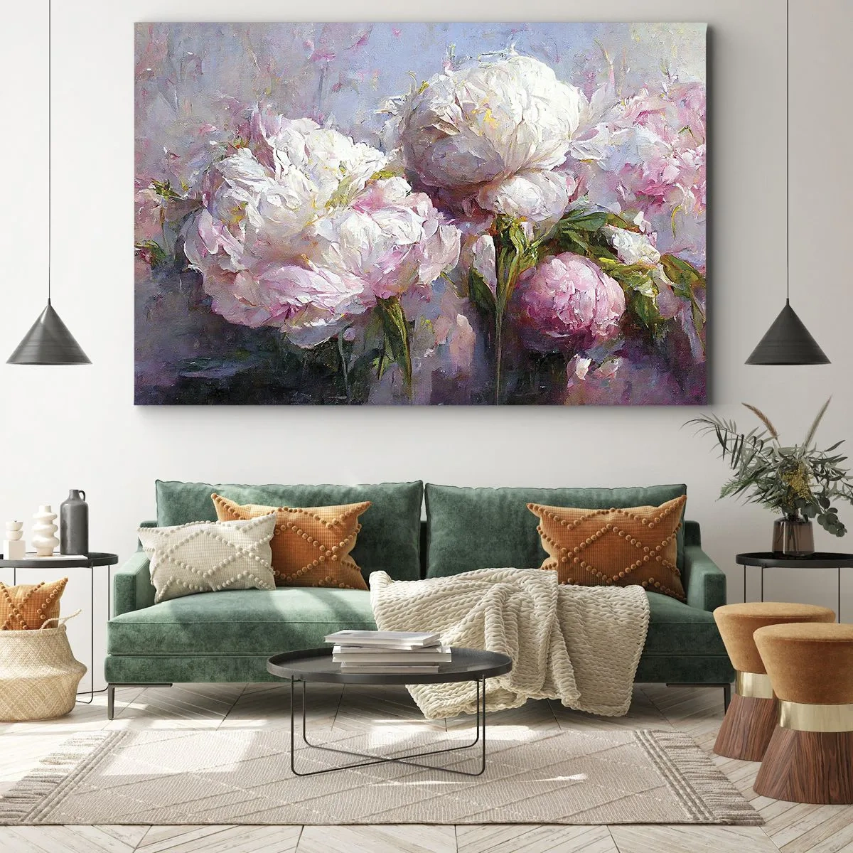 Obraz na płótnie - Romantyczne kwiaty piwonii w pastelowych barwach - 70x50cm - Kipiący życiem bukiet - Nowoczesna dekoracja ścienna do salonu i sypialni ARTTOR