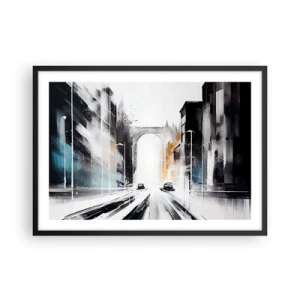 Plakat w czarnej ramie - Abstrakcyjna panorama miasta z łukowym mostem - 70x50cm - Studium miasta: architektura i ruch - Nowoczesna dekoracja ścienna do salonu i sypialni ARTTOR