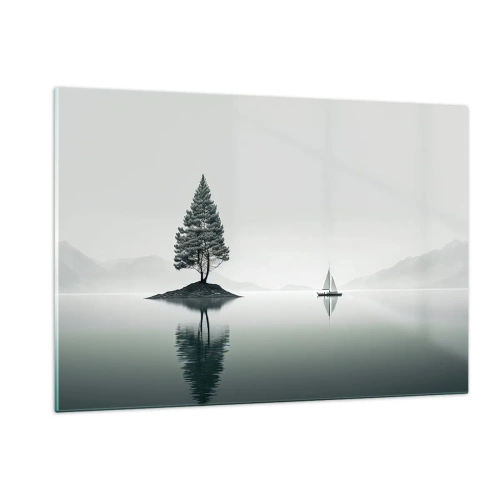 Obraz na szkle - Samotne drzewo na wysepce i żaglówka na spokojnym jeziorze - 120x80cm - Marzenie senne - Nowoczesna dekoracja ścienna do salonu, kuchni i sypialni ARTTOR