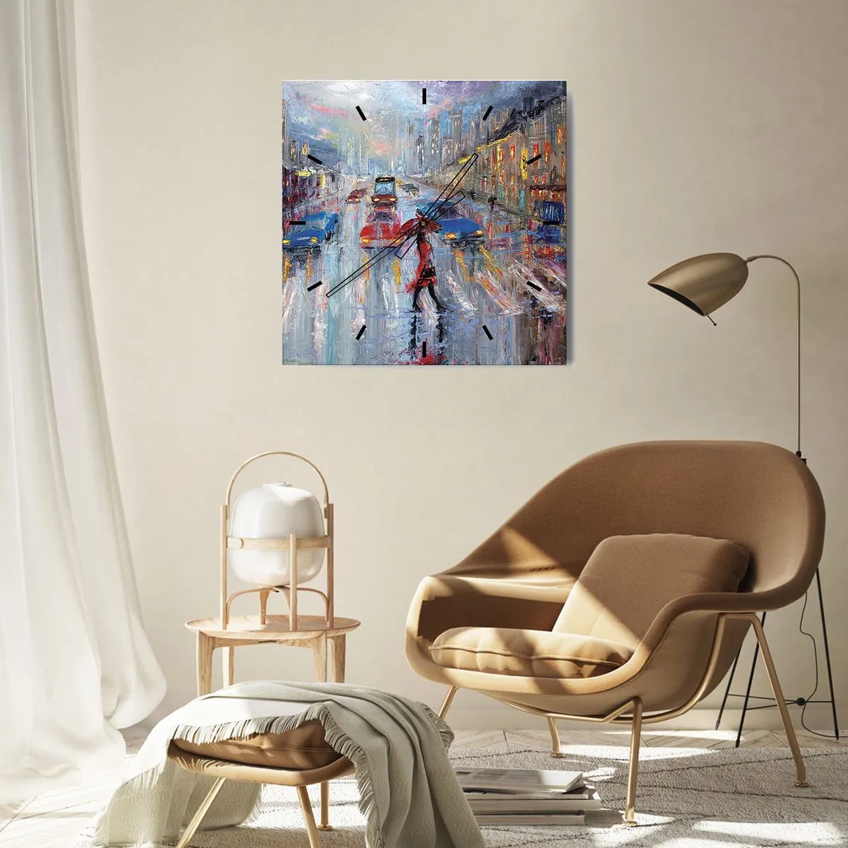 Zegar ścienny - Kobieta z parasolem na deszczowej ulicy w świetle neonów - 30x30cm - Deszczowe popołudnie w mieście - Nowoczesna dekoracja ścienna do salonu i sypialni ARTTOR