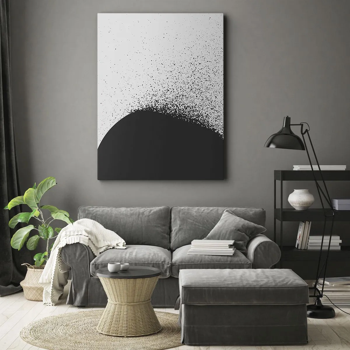 Obraz na płótnie - Abstrakcyjna kompozycja cząsteczek w czarno-białej tonacji - 50x70cm - Ruch cząsteczek - Nowoczesna dekoracja ścienna do salonu, kuchni i sypialni ARTTOR