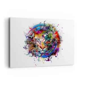Obraz na płótnie - Kolorowy portret lwa w abstrakcyjnym stylu - 100x70cm - Czai się za tęczową zasłoną - Nowoczesna dekoracja ścienna do salonu, kuchni i sypialni ARTTOR