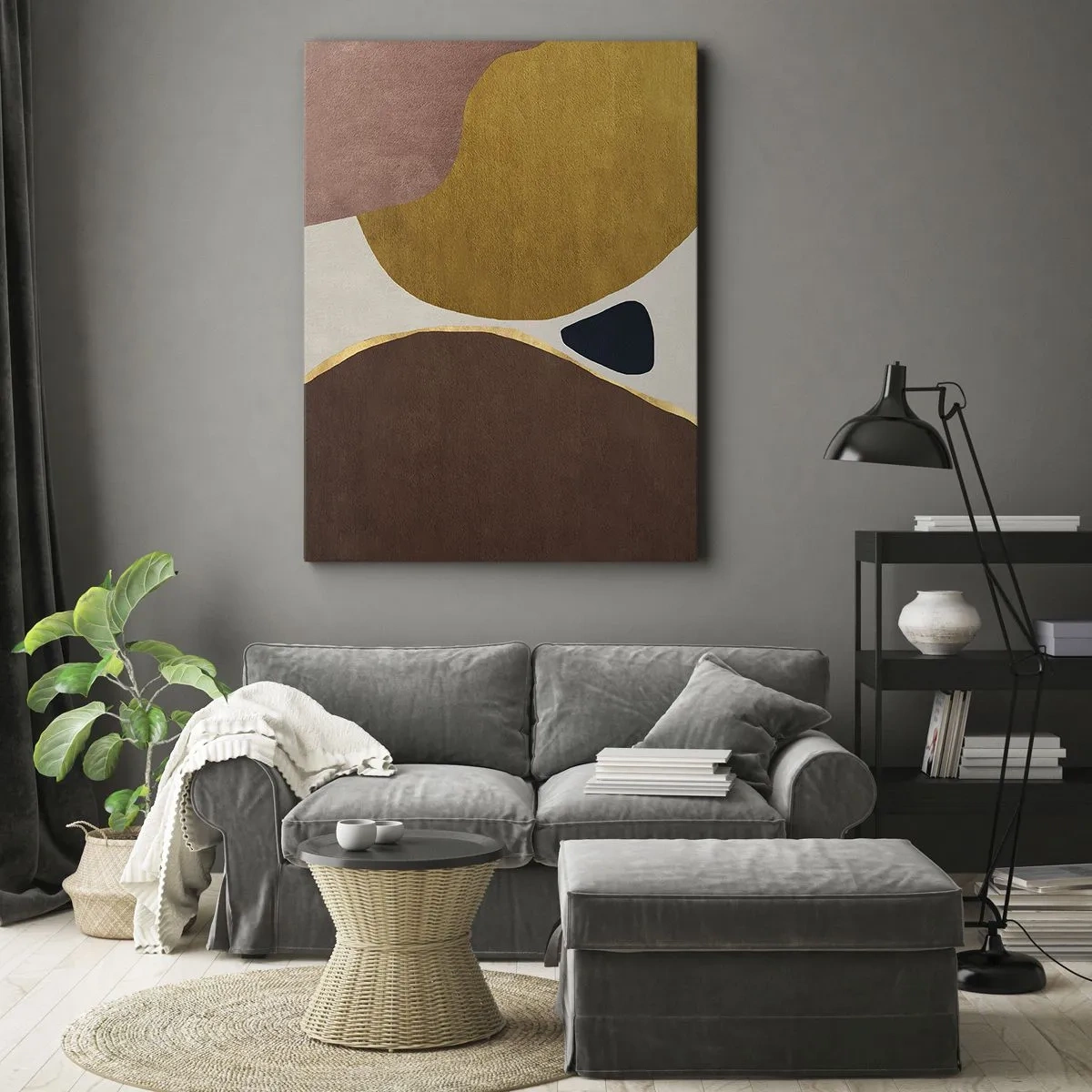 Obraz na płótnie - Abstrakcyjna kompozycja z geometrycznymi kształtami w ciepłych barwach - 70x100cm - Abstrakcja – miejsce w przestrzeni - Nowoczesna dekoracja ścienna do salonu i sypialni ARTTOR