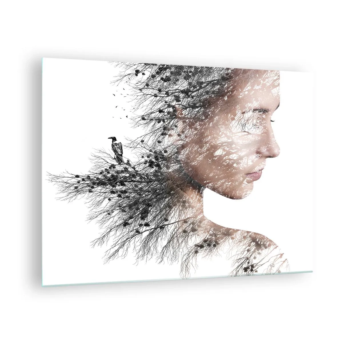 Obraz na szkle - Portret kobiety z gałęziami w tle - 70x50cm - Duch lasu - Nowoczesna dekoracja ścienna do salonu i sypialni ARTTOR