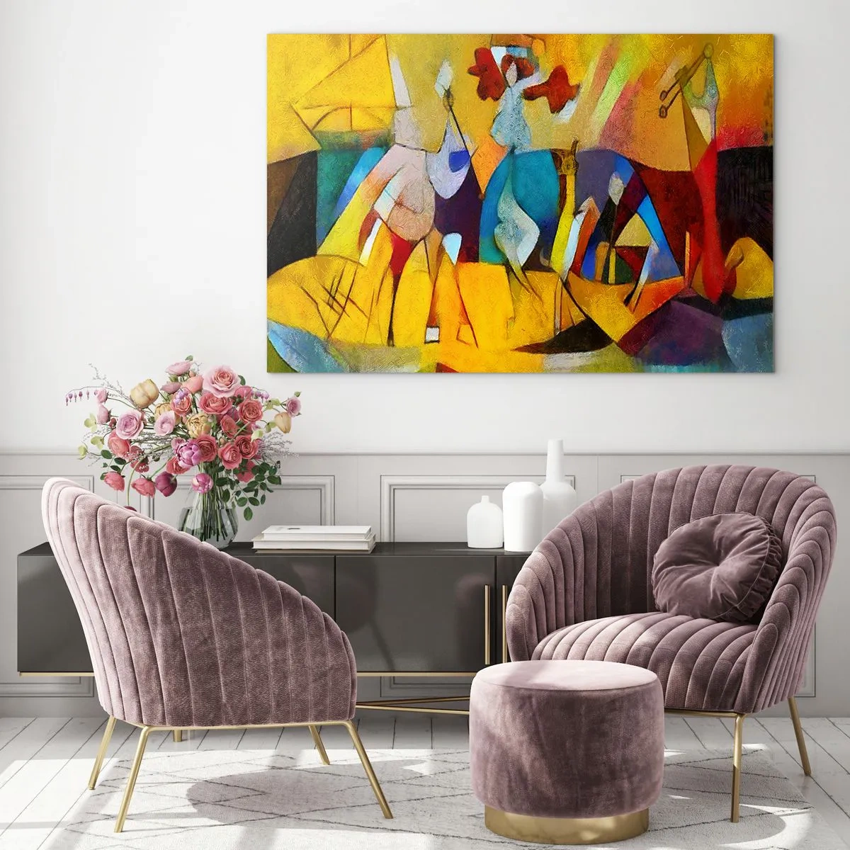 Obraz na szkle - Kolorowa abstrakcja z figurami i geometrycznymi kształtami - 100x70cm - Słońce - życie - radość - Nowoczesna dekoracja ścienna do salonu, kuchni i sypialni ARTTOR