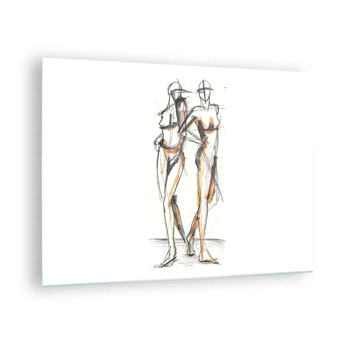 Obraz na szkle - Artystyczny szkic dwóch kobiet w minimalistycznym stylu - 70x50cm - Studium wdzięku - Nowoczesna dekoracja ścienna do salonu i sypialni ARTTOR